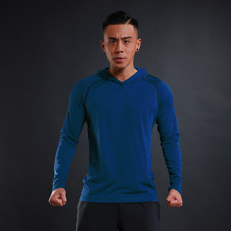 Herfst Winter mannen Met Lange Mouwen T-shirt Trui Dunne Ademend sneldrogend Fitness Training Sport Casual Lange Mouwen Hood: L / Blauw