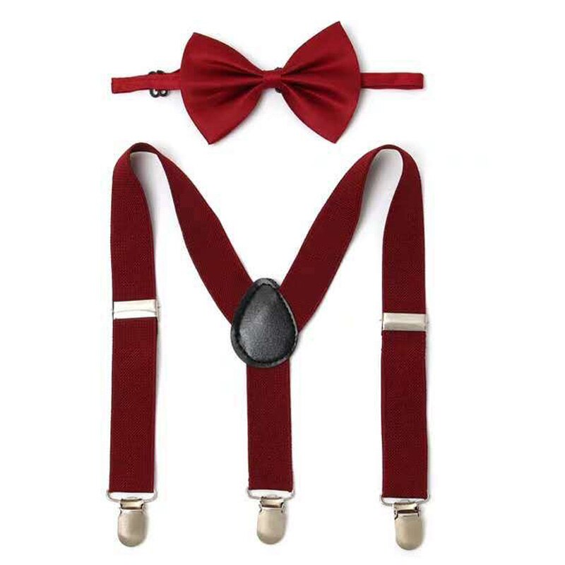 2 stks/set Jongens Bowtie Kid Jarretelle Y-Back Verstelbare Elastische Jongens Bretels Vlinderdas 1-8 Jaar bruiloft Bretels: wine red