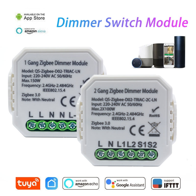 Tuya Zigbee 3.0 Smart Wireless Dimmer Switch Module 1 Gang/2 Gang Remote Control Works With Alexa Google Home Smart Home