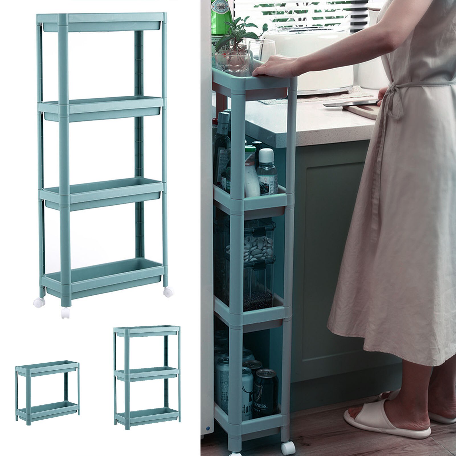 2/3/4-Tier Folding Slide-out Storage Rack Kitchen Shelf Spice Organizer Bathroom Organizer Shelf Book Shoes Shelve With Wheels