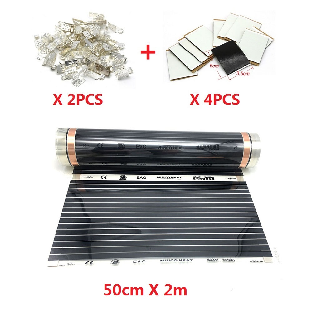 50cmX200cm podczerwona folia grzewcza podłogowa 220w/m2 ciepła grzejąca z 2 zaciskami + 4 pasztecik izolacyjne