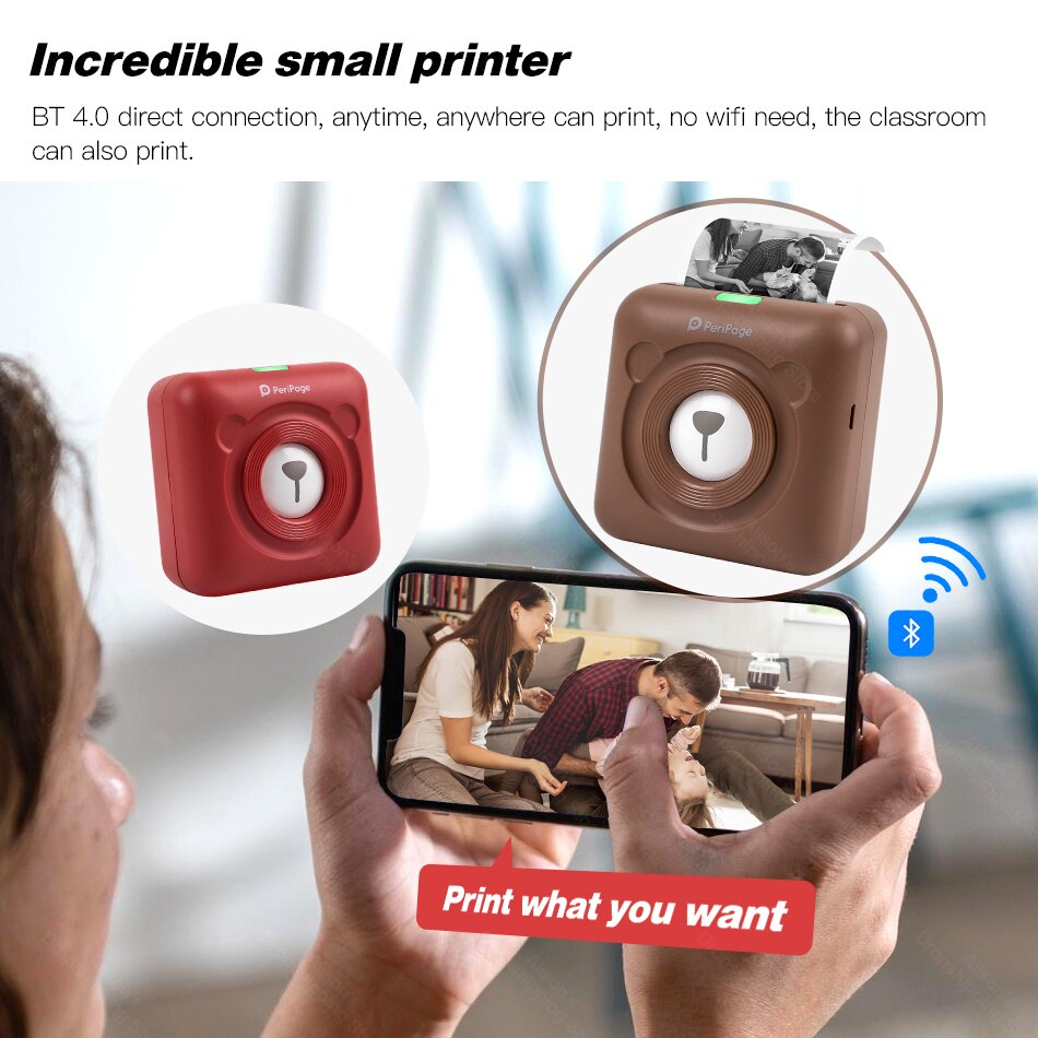 Peripage Rode Draagbare Thermische Bluetooth Printer 203Dpi 2 "Rode Photo Factuur Mini Draadloze Printer Voor Android Ios Mobiele telefoon