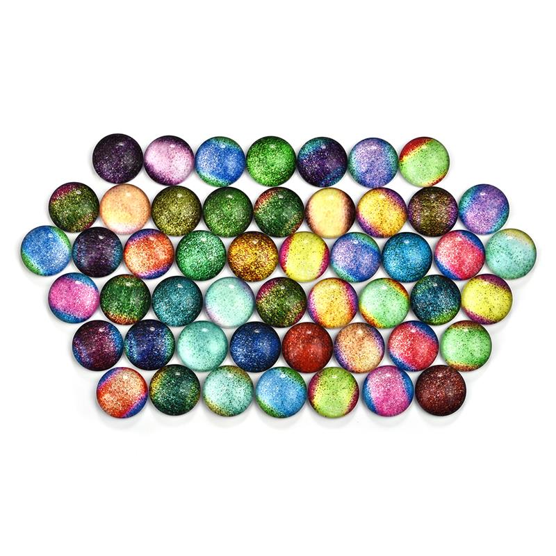 50Pcs Mixed Colorful Bling Star Rainbow Round Glass Cabochons 12/20/25mm Flat Back Demo Cameo Base Blank Tray DIY Jewelry Making