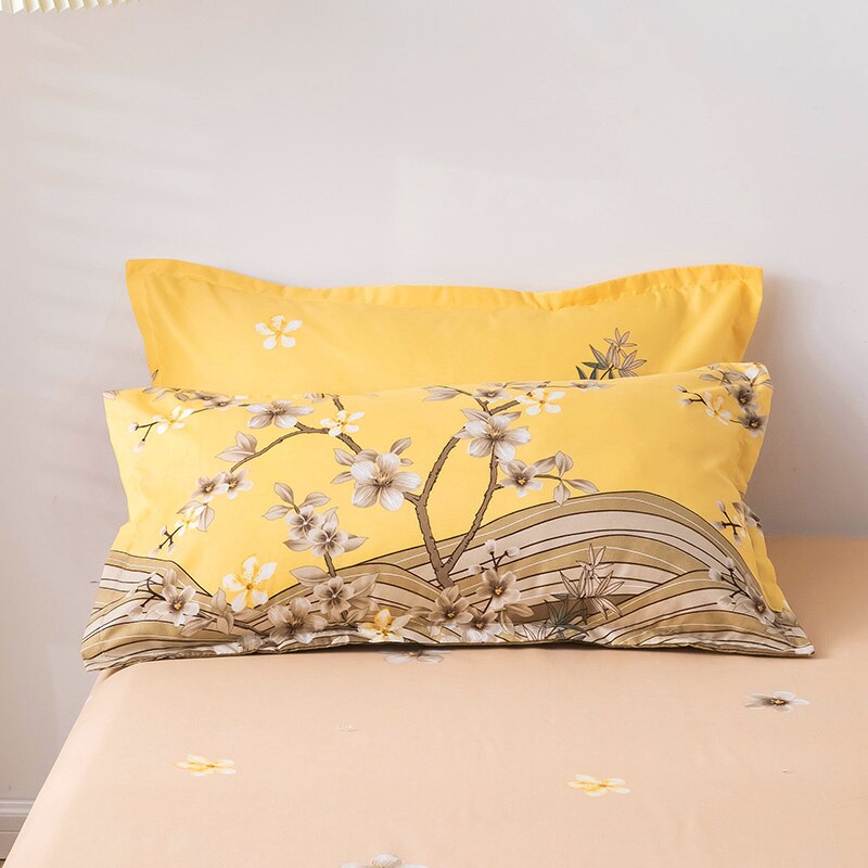 Kinesisk stil gula sängkläder set, 220 × 240 påslakan set örngott 3 st, plommon blommönster påslakan dubbel queen king