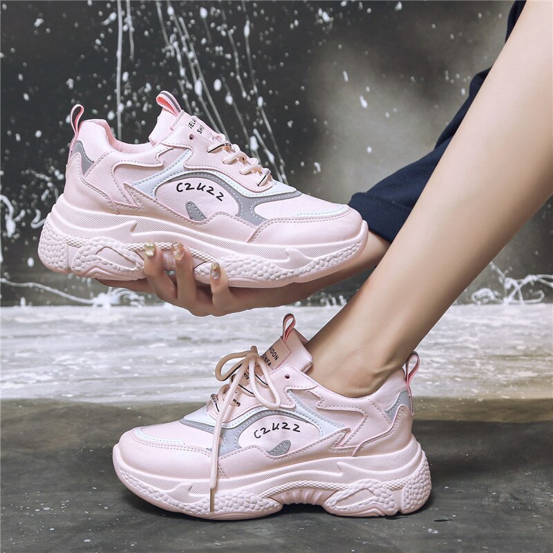 Chunky Sneakers PU Leathable Vrouwen Dikke Zool Vrouwelijke Schoenen Vrouw sport lace-up ronde neus comfortabele schoenen z14-71