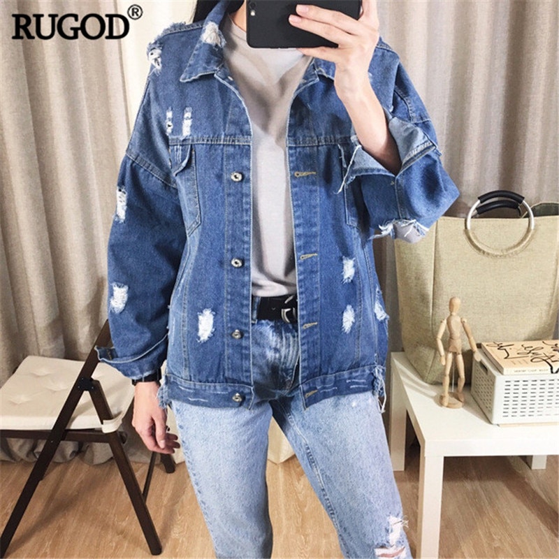 RUGOD Basic Coat Bombers Vintage Fabric Patchwork Denim Jacket Women Cowboy Jeans Autumn Frayed Ripped Hole Jean Jacket