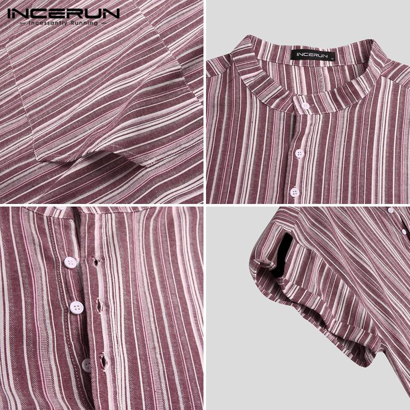 INCERUN Men Jubba Thobe Muslim Clothes Short Sleeve Striped Cotton Stand Collar Casual Robes Islamic Arabic Kaftan Abaya S-5XL