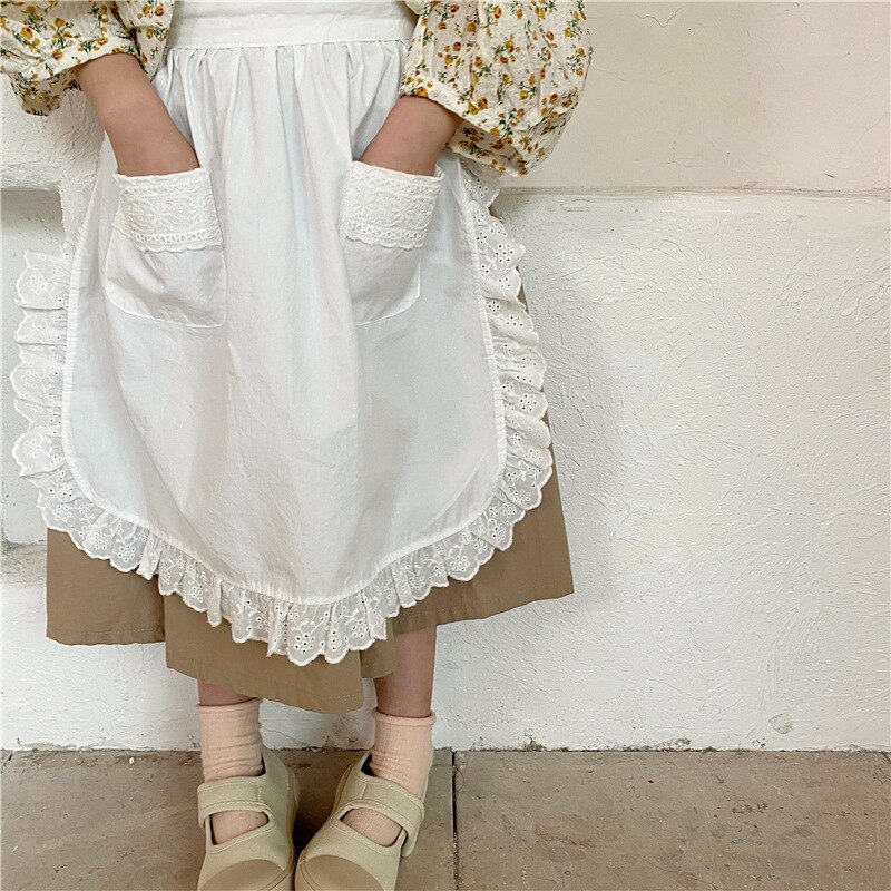 Autumn Girl Maid Skirts Toddler Children Two-Piece Lace-up Apron Skirt Baby Solid Color with Pockets Cotton Skirts