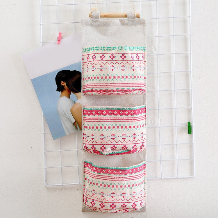 Wall Mounted Storage Bag with 3 Pockets Linen Fabric Waterproof Wall Door Closet Hanging Organizer for Bedroom Bathroom NIN668: National wind