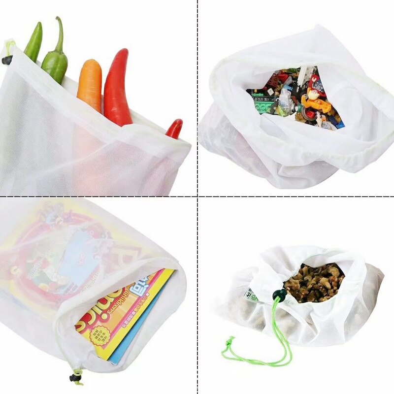 Herbruikbare Polyester Fruit Groente Zakken Met Trekkoord Thuis Keuken Opslag Mesh Zakken Machine Wasbaar