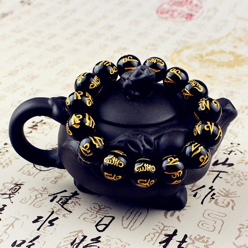 Feng Shui obsidienne perles Bracelet Six mots proverbes breloques femmes chanceux richesse Bracelet pour Couple bijoux à la
