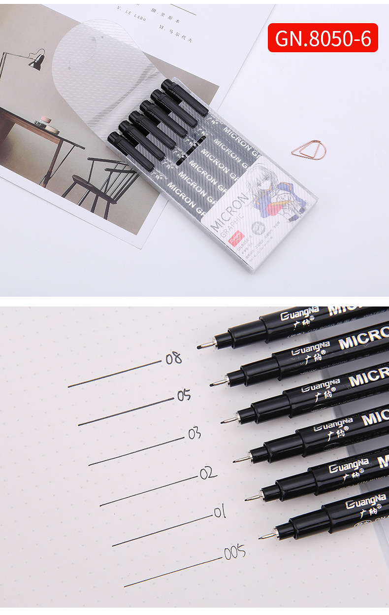 Juego de rotuladores de agua para Manga, 12 unidades, resistente al agua, a prueba de decoloración, micrones, PenTip, delineador fino, boceto negro: 6pcs set