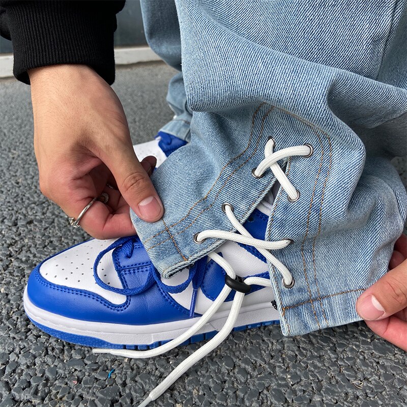 Pantalones vaqueros Harajuku con cordones en el tobillo para hombre, Vaqueros Bordado de letras desgastados Retro rectos y holgados de gran tamaño, informales de Hip Hop