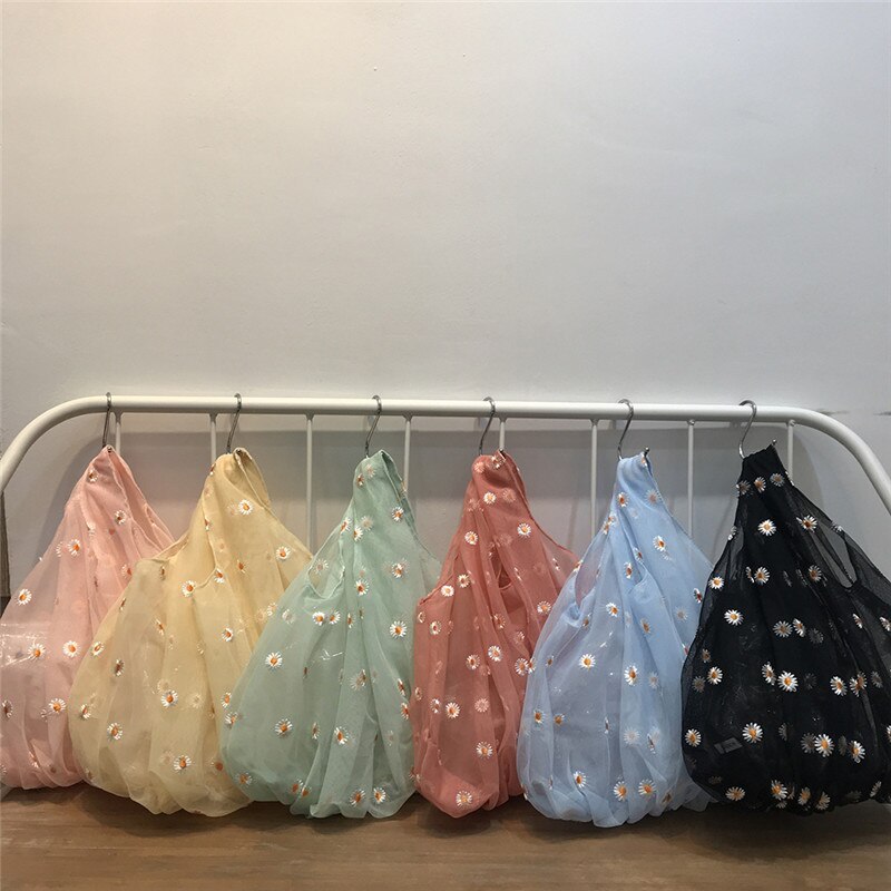 Bolso pequeño de tela transparente para mujer, bolsa de tela con bordado de margaritas, de , ecológico, para frutas, monedero para niña,