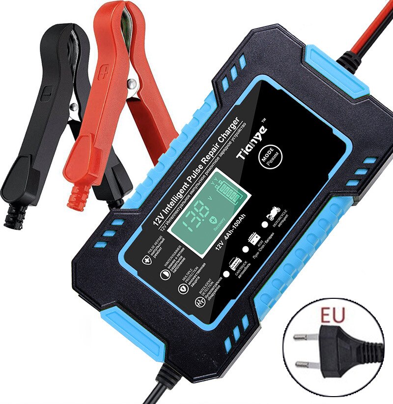 Car Motorcycle Battery Charger 12 V Battery Starting for Auto Moto Lead Acid AGM Gel VRLA Smart Charging Digital LCD Display: Blue EU Plug