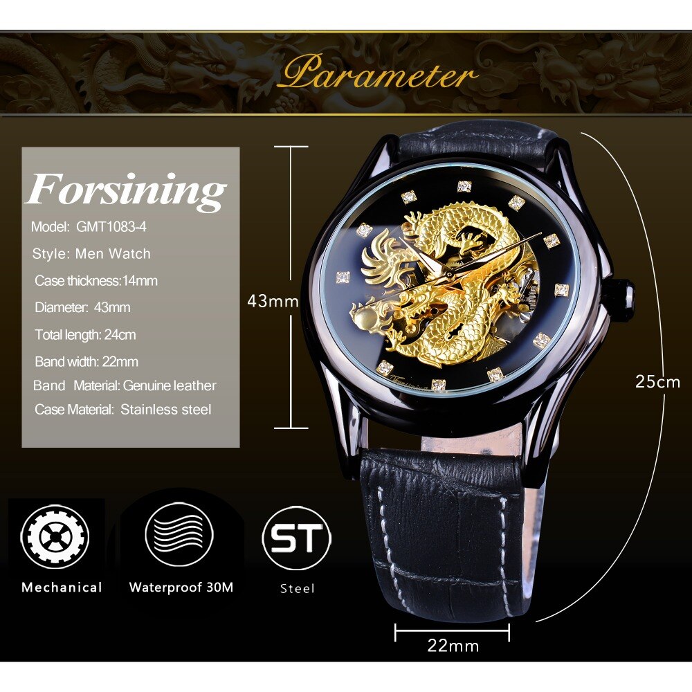 Forsining Diamant Display Dragon Zwart Gouden Lichtgevende Hand Transparante Mannen Kijken Topmerk Luxe Waterdicht Mechanische Horloges