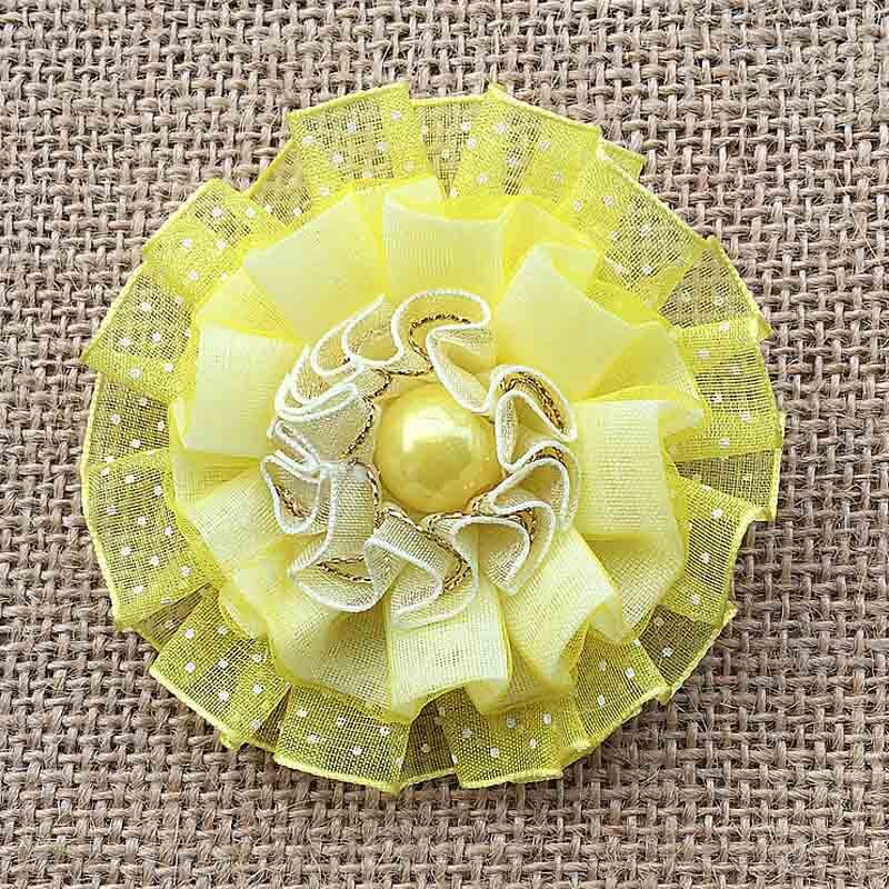 2pcs Cute Yarn ruffle Ellegant Ribbon Flowers rosettes Scrunchy gum for Elastic Hair Band Girls Headwear rubber bands: YELLOW