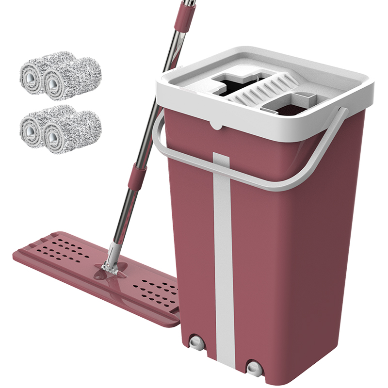 Magic Cleaning Mops Free Hand Mop with Bucket Floors Squeeze Flat Mop with Water Home Kitchen Floor Cleaner: Red 4 mops