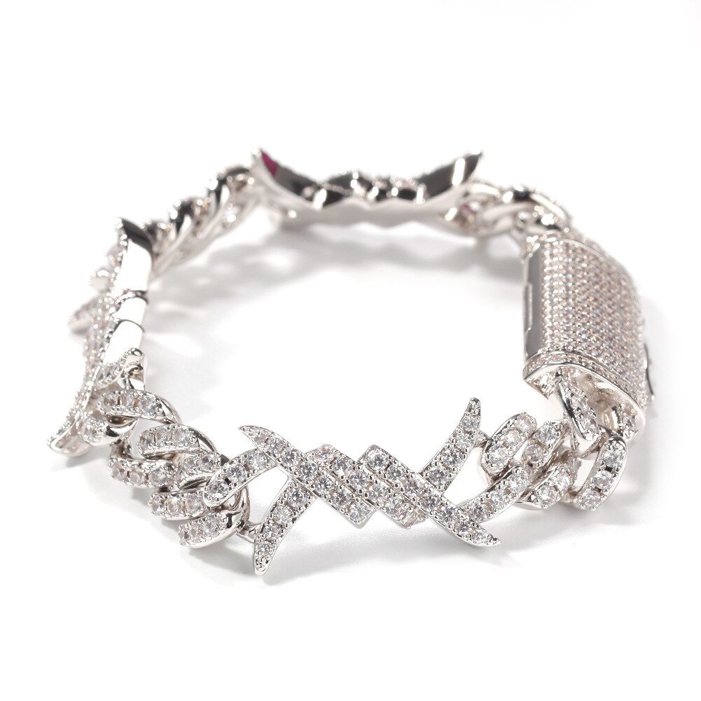 Hip Hop Mannen Gouden Kleur Draad Chain Zirkoon Cubaanse Ketting Ijs Uit Cubaanse Jewerly Crystal Miami Braclete Chain Hip Hop voor Mannen: Silver Plated
