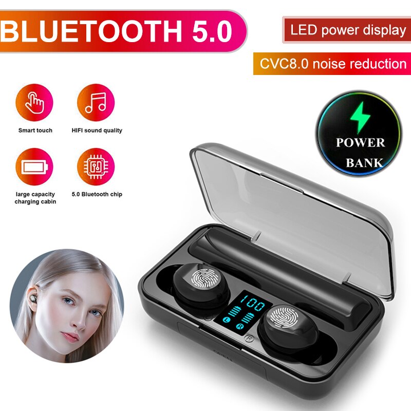 Bluetooth-ohrhörer mit 5.0 ohrhörern, 8d stereo-kopfhörer, wasserdicht, freisprechfunktion, inklusive 2000- mah-powerbank