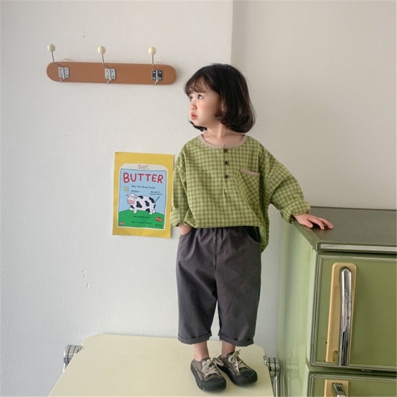 Stile coreano 2021 camicie a quadri Casual per bambini camicette per ragazzi e ragazze camicette a maniche lunghe in cotone allentate camicie vestiti: green / 5T