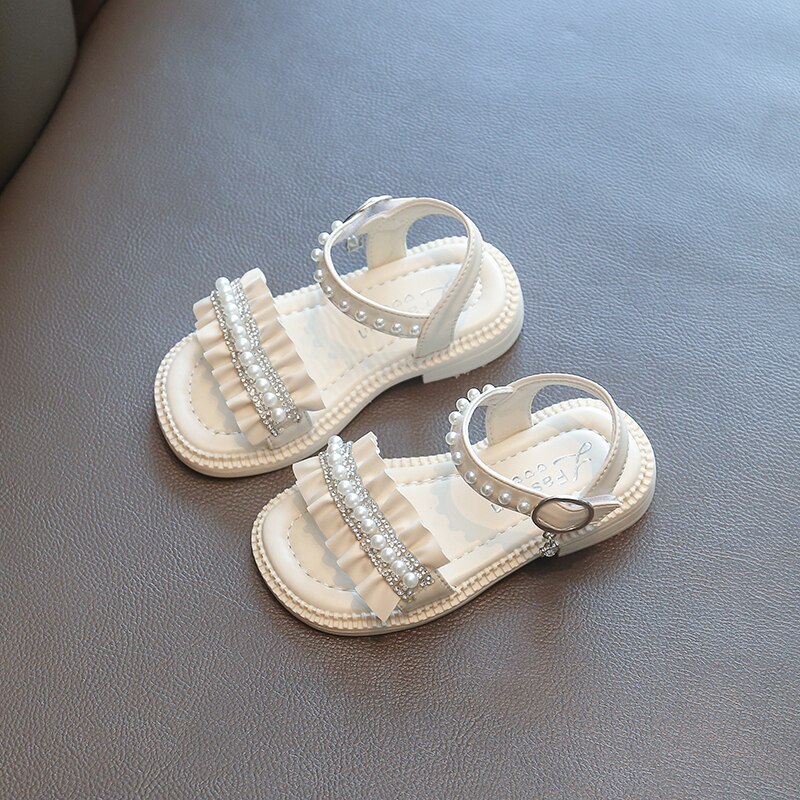 Sandálias da criança menina bege amarelo babados pérola doce crianças sliders praça toe 22-31 moda all-match crianças sapatos planos: Bege / 29-insole17.5CM