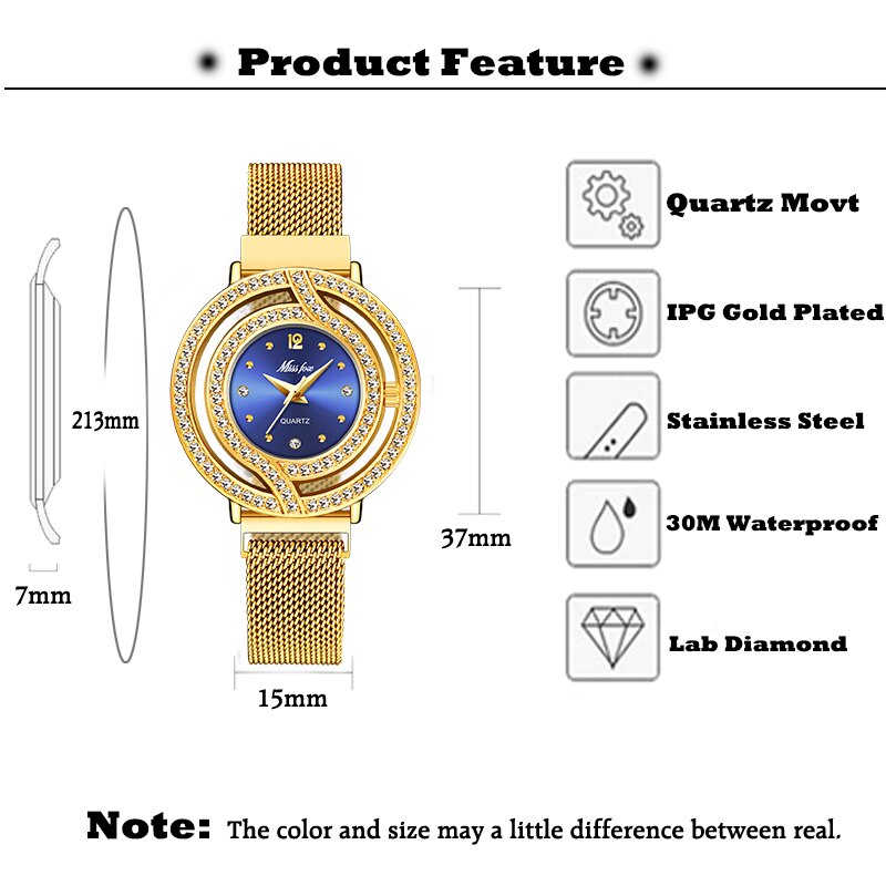 Missfox magnetisk ur dame luksus mærke vandtæt diamant dame ure hul blå kvarts guld dame armbåndsur