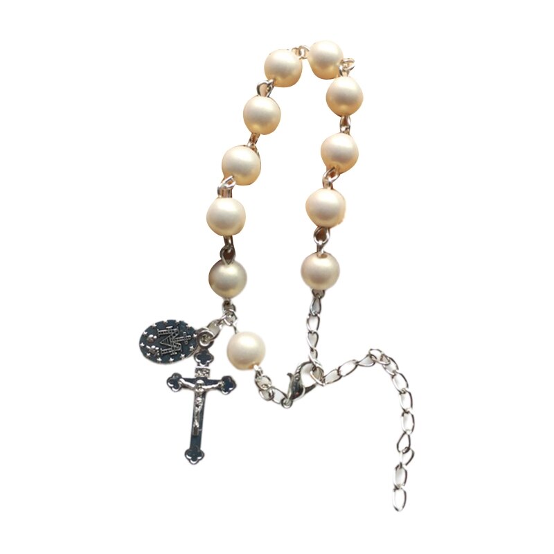 8mm Acrylic Beads Rosary Bracelet Vintage Jesus Christ Crucifix Cross Wristband Chain Bracelets Women Unisex Jewelry: Creamy White