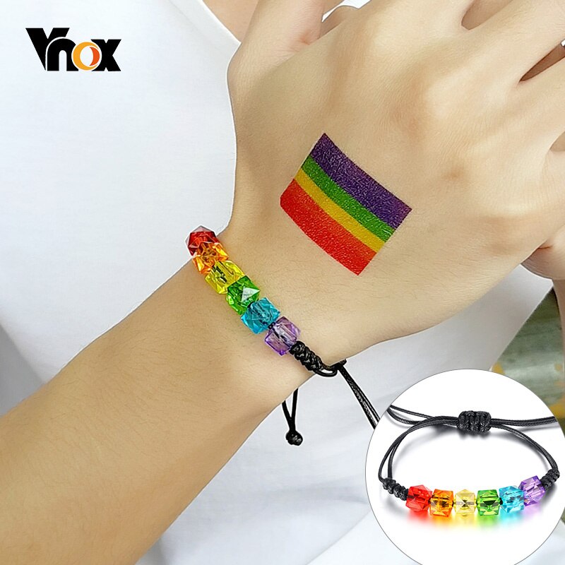 Vnox rainbow grânulos pulseiras para homens corda ajustável colorido claro frisado unissex orgulho lgbtq jóias