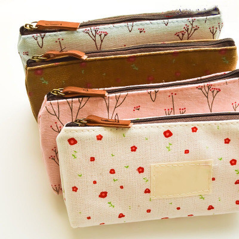 Canvas Zipper Pencil Cases Cute Kawaii Floral Flower Lovely Fabric Flower Tree Pen Bags School Supplies