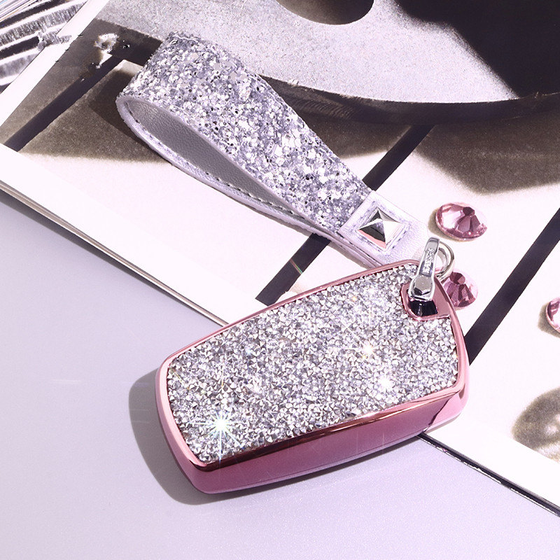 Luksuriøst stjerneklar bling krystal diamant bilnøglertaske til bmw 1/3/5/7 serie  x3 m2/3/4/5/6 interiør tilbehør nøglering: A-pink-nøglering