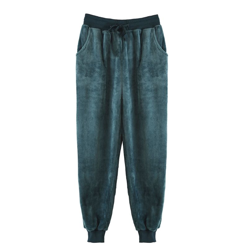 KLV Women Men Autumn Winter Pajamas Pants Lounge Wear Pajamas Thicken Loose Coral Fleece Pants Sleep Pajamas Lounge Pants: Male Green / XL