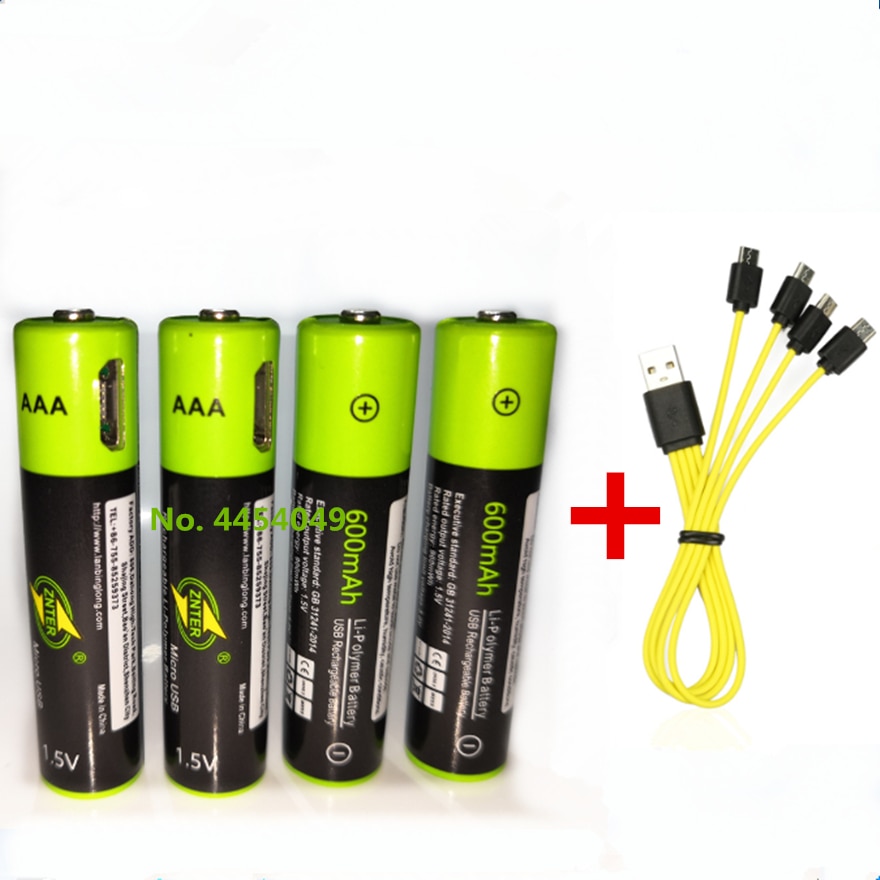 4PCS ZNTER 1.5V AAA 600mAh oplaadbare lithium batterij USB lithium polymeer oplaadbare batterij + 4 in 1 micro USB oplaadkabel