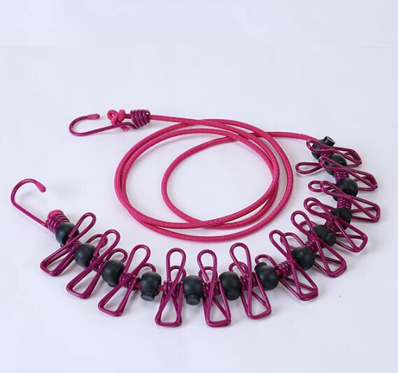 Solid Portable Travel Clothesline for Home Hotel Camping Indoor Outdoor Adjustable End Hooks 12 Clothespin Movable Locking Beads: Hot Pink