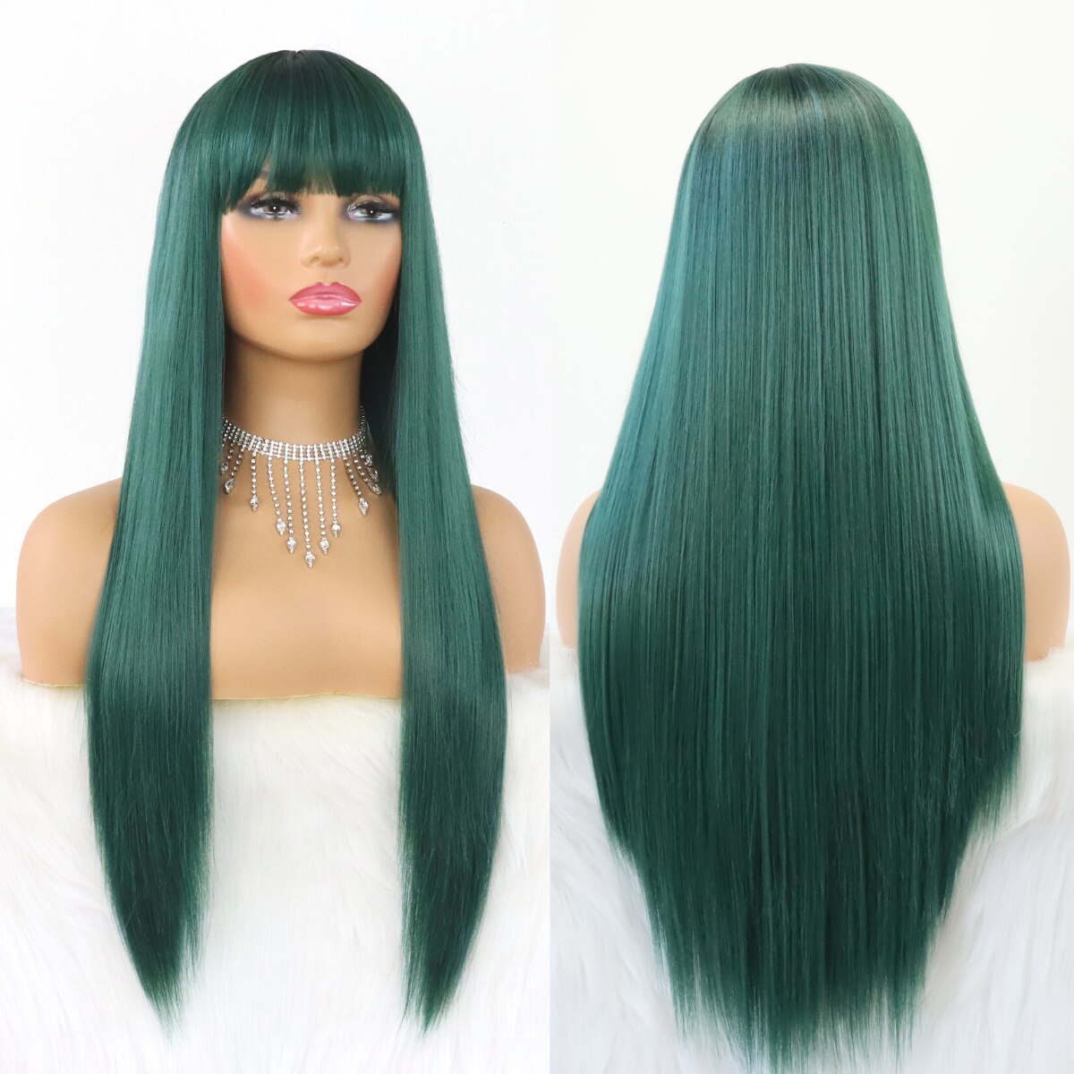 SALLYWELL Green Wigs With Bangs Straight Wig For Women Synthetic Fiber Hair Dark Rooted Ombre Green Long Glueless Full Machine
