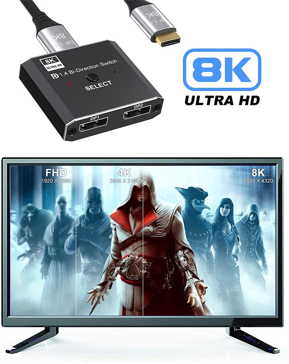 2 x 1 1 x 2 displayport dubbelriktad switch 8k @ 60hz 4k @ 120hz manuell dp dubbelriktad switch 2 in 1 utgång för pc-skärm projektor tv