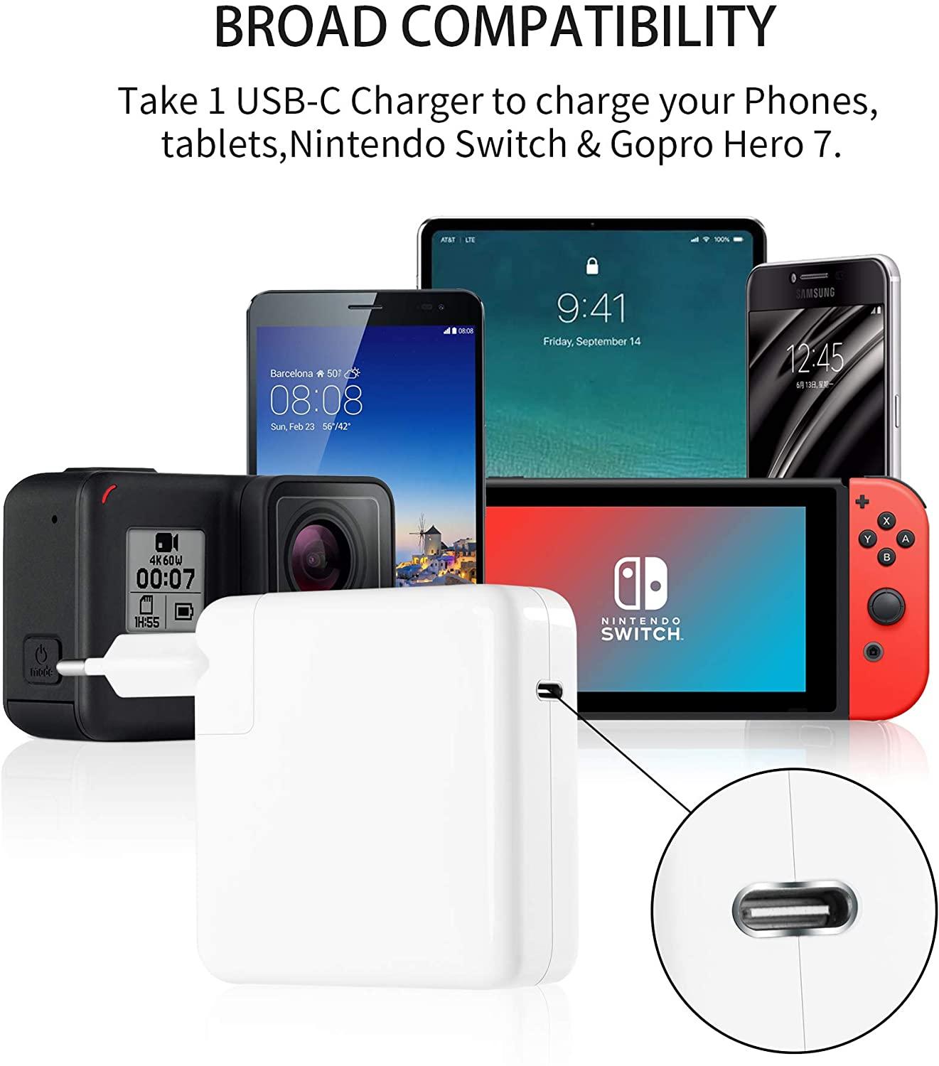 61w usb-c till usb-c nätadapter laddare kompatibel med macbook pro 12 tum 13 tum, macbook air, med c-kabel