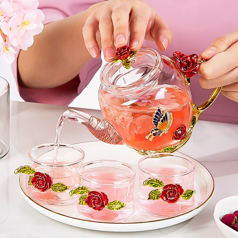 Red Rose Enamel Crystal Glass Tea Set Teapot Cup S... – Vicedeal