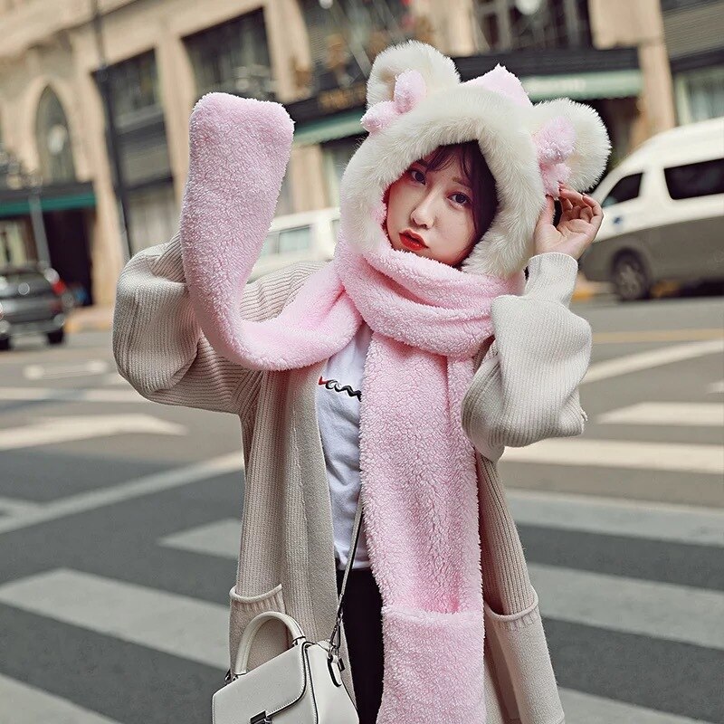 Baby Girls Mom Ears Hats Children Women Winter Warm Plush Winter Scarf Caps Gloves Cute Kids Cute Bunny Funny Hats Cap: Adult-Pink