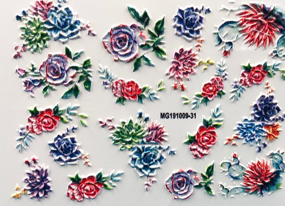 3D Acrylic Engraved Nail Sticker Winter colorful flowers birds love desgin Water Decals Empaistic Nail Water Slide Decals Z0260: 15