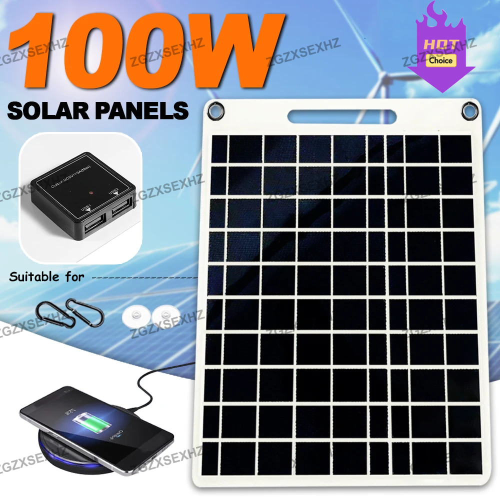 100W Solar Charger with Dual USB Ports, Waterproof & Portable Solar Panel for Outdoor Camping, Hiking, Emergency Devices