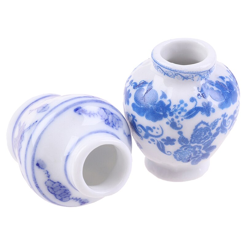 1 sæt (2 stk) mini blå og hvid porcelæn vase diy håndlavet dukkehus køkken keramisk ornament vase dukkehus miniaturer