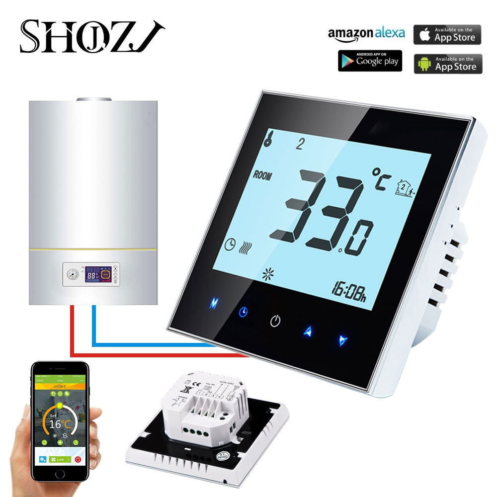 Echo Google Home iFtt Wireless APP WiFi Gas Boiler Touch Screen Room Thermostat Weekly Programmable Smart Temperature Regulator