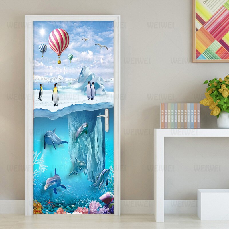 PVC Self Adhesive Waterproof Photo Wall Mural Door Sticker Wallpaper 3D Iceberg Penguin Dolphins Children's Bedroom Wallpaper 3D