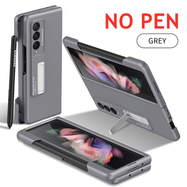 Magnetische Kickstand Pen Houder Slot Case Voor Samsung Galaxy Z Vouw 3 Case Met Mobiele Telefoon Stylus Pen Matte Hard pc Cover: Gray NO  Pen