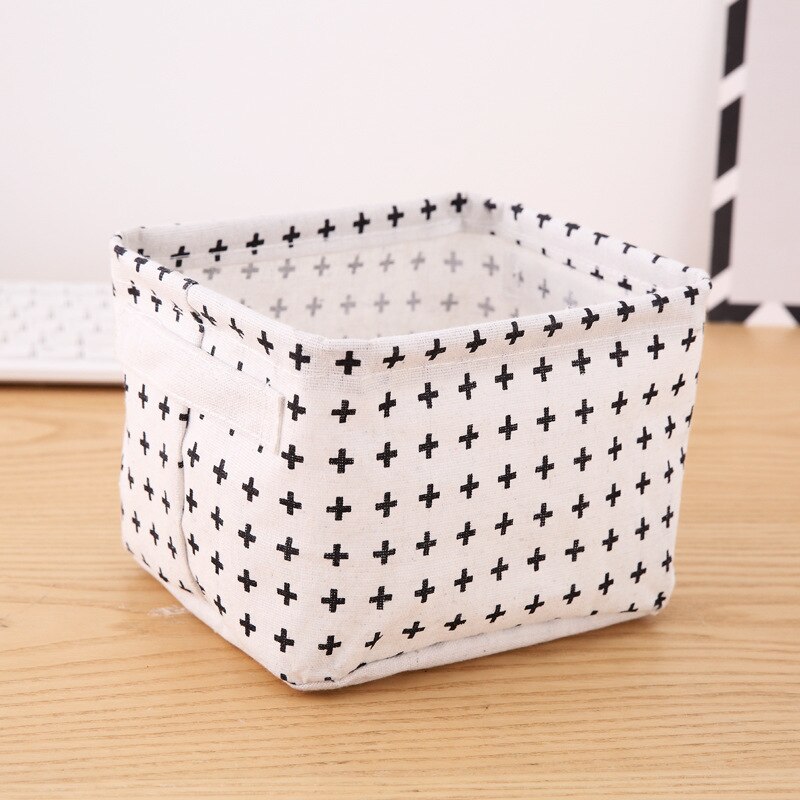 Linen Waterproof storage basket Table top Foldable storage box cosmetics sundries clothing fabric storage basket toy storage: Black cross