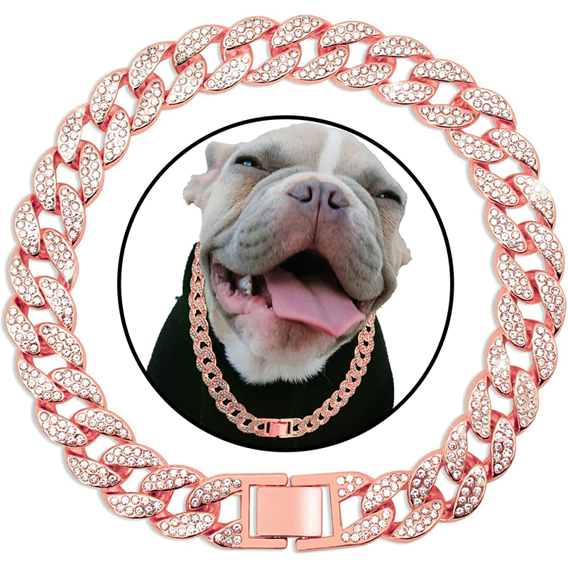 Roze Diamant Cubaanse Kraag 15MM Huisdier Cubaanse Kraag Sieraden Accessoires voor Honden Katten Gouden Hond Ketting Wandelen Metalen Ketting Kraag