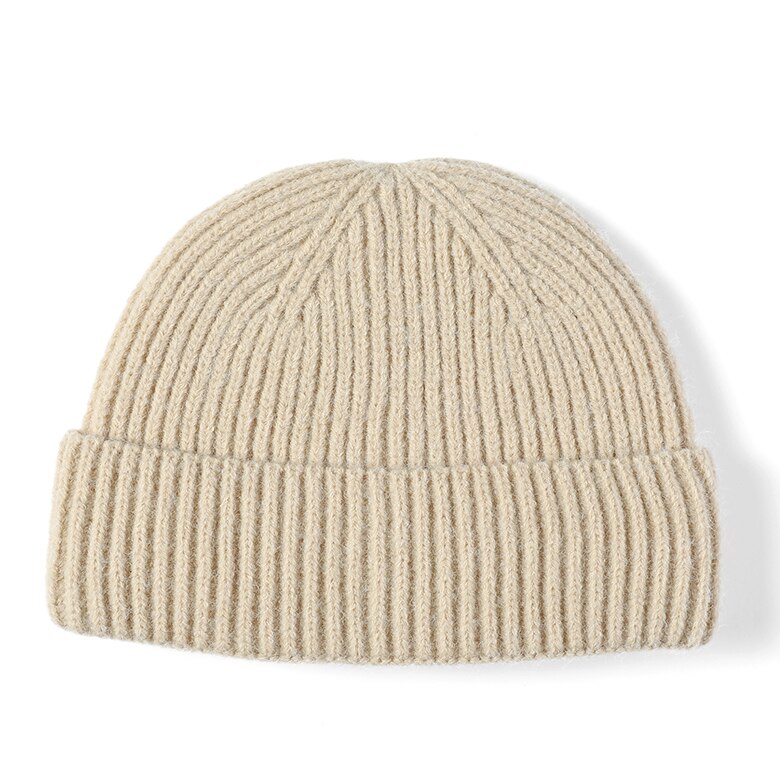 Vinterhue strikket kort beanie ensfarvet melon kasket kvinder mænd hip hop kalot unisex street retro casual hat: Beige
