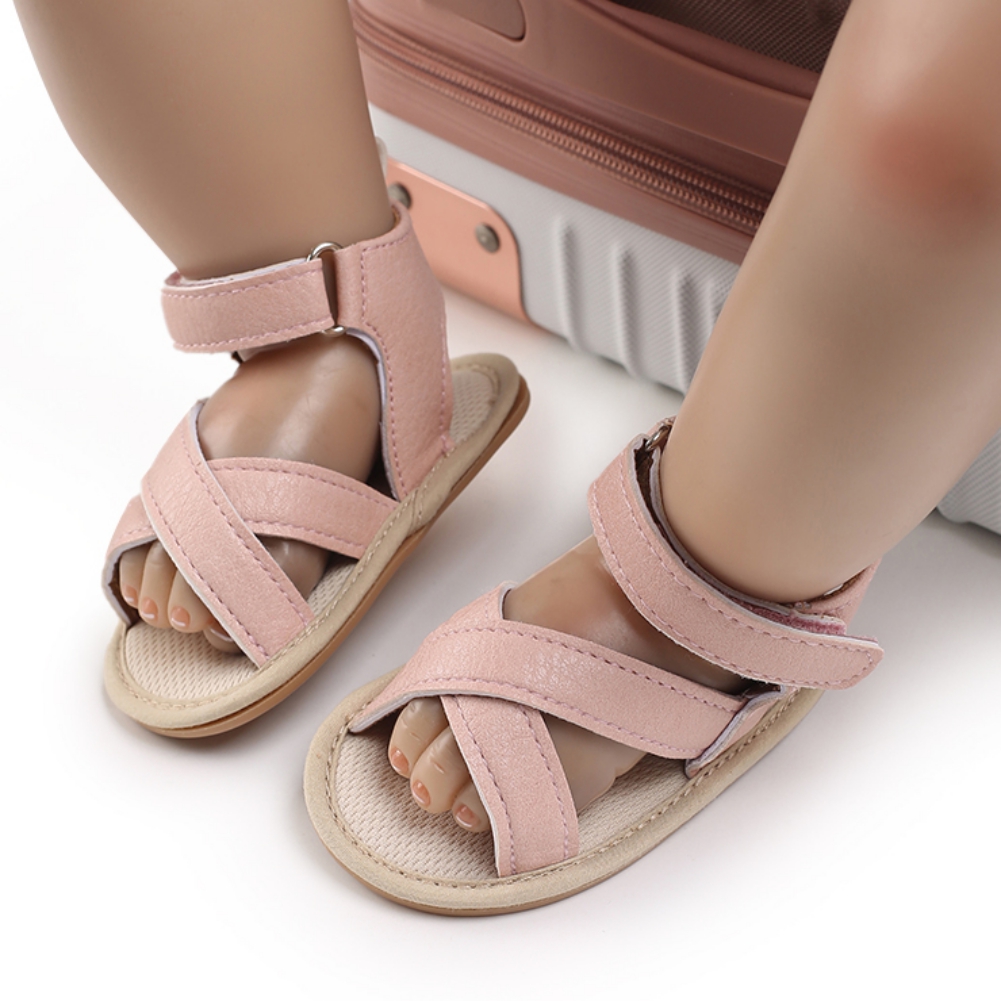 Sandales d'été classiques pour bébés filles et garçons, semelle souple antidérapante à bretelles croisées décontractées, chaussures d'extérieur en PU pour premiers pas des tout-petits