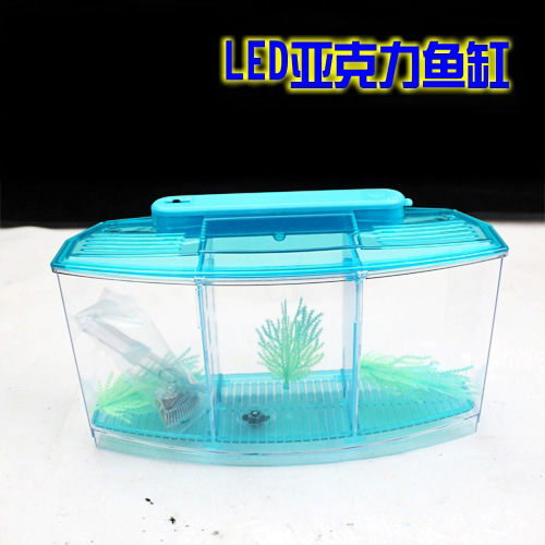 Acrylic Aquarium Betta Fish Tank Triple Bow Three Splits LED Light Fighting isolation hatch breed box turtle house Reptile cage: Light Blue